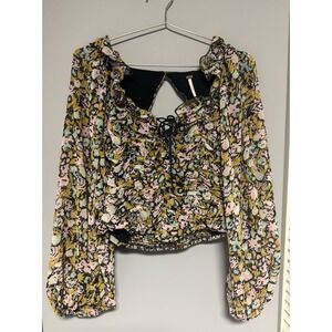 Free People Mabel Floral‎ Printed Long Sleeve Crop Top, Smocked Back, Size XS